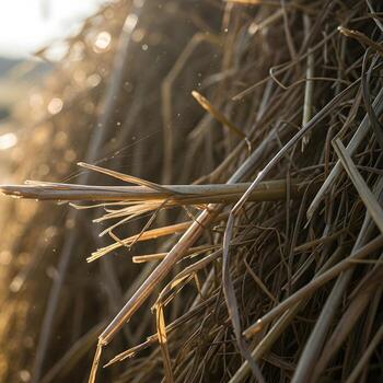 Macro Dawn An Intricate Close-Up of a Timeworn Haystack Featuring Detailed Straw Textures and Dust Particles in Soft Morning Light. photo