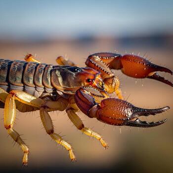 Macro Marvel Capturing the Intricate, Shimmering Exoskeleton of a Desert Scorpion with Vibrant Hues and Ethereal Bokeh Framing in Close-up Detail photo