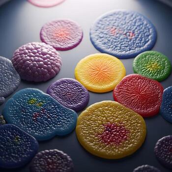 Elegant Macro Microcosm Vibrant, Organic Clusters of Diverse Bacteria under Soft Diffused Light, Exhibiting Subtle Textural Nuances and Intricate Microscopic Patterns. photo