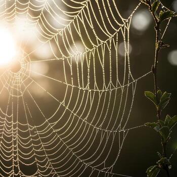 A Macro Journey into The Enchanting Morning's Magic Delicate Spider Web Patina Dusted With Dew, Revealing Early Light's Subtle Radiance photo