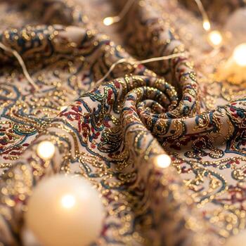 Intricate Macro Tapestry Exquisitely Patterned Fabric with Radiant Golden Accents, Soft Ambient Lighting, and Delicate Textures Evoking Opulent Harem Elegance photo
