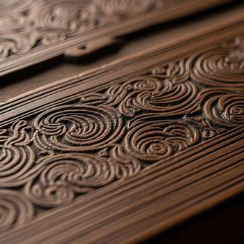 Intricate Wood Grain Embossing A Macro Exploration of Antique Carved Block, Evoking Timeless Artful Primitive Engraving with Unparalleled Elegant Detail photo