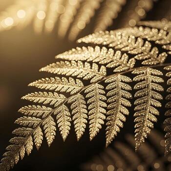 An Intricate Macro Revealing Dew-Kissed Gilded Fern Leaves Embraced by Soft Golden Light, Exuding Elegant Bokeh and Timeless Textural Perfection photo
