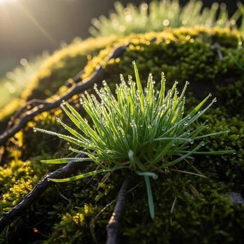 Macro Reverie Dew-Dappled Grass and Ancient Moss in a Sunrise Embrace, Where Patterns and Shadows Weave a Timeless Natural Tapestry. photo