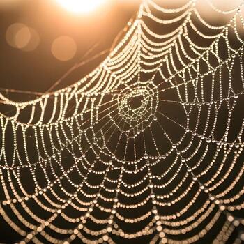A mesmerizing macro exploration capturing dew-laden cobweb intricacies bathed in soft morning light, revealing nature's delicate artistry and textured elegance. photo