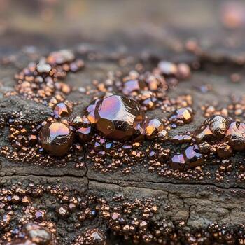 Macro Capture of Shimmering Xanthocyanidz Revealing Intricate, Copper-Hued Crystalline Patterns on Aged, Weathered Natural Surfaces Under Enchanting Diffused Light Magic photo