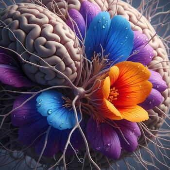 Intricate Enigma A Surreal Macro Portrait of a Brainflower Fusion Blending Neural Textures with Vibrant Petals Under Soft Ambient Lighting photo