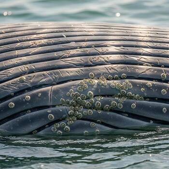 Macro Exploration of Weathered Whale Skin Illuminating Intricate Organic Patterns, Barnacle Details, and Subtle Ocean Light on Nature's Stunning Canvas photo