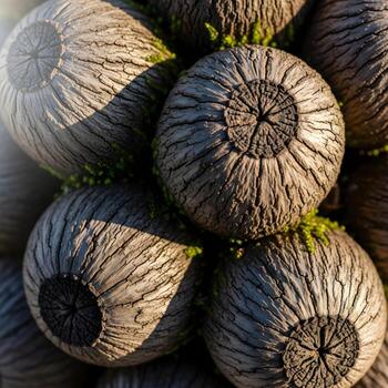 Enigmatic Macro Journey A Detailed Exploration of Rugged, Weathered Xylocarps Surfaces with Intricate and Organic Patterns Embraced by Soft Natural Lighting photo