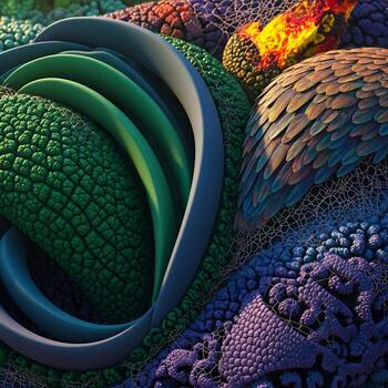 Intricate Macro Close-Up Organic Animal Forms with Vividly Surreal Textures and Enchanting Curves, Creating a Poetic Exploration of Nature's Essence photo