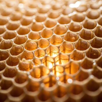Macro Perspective on Luminous Honeycomb Patterns Reflecting Soft Warm Light An Exploration of Intricate Textures in a Gently Blurred Frame. photo