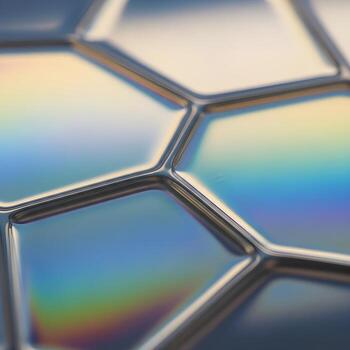 Captivating Macro Vision Iridescent, Holographic Geometry Melds Fluid Shapes Gracefully on a Sleek, Reflective Canvas Under Soft, Mesmerizing Ambient Glow. photo