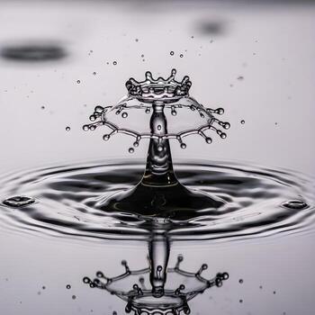 A mesmerizing macro capture of a teardropbomb-inspired water droplet explosion reflecting elegant textures and soft luminous lighting on a mirror surface photo