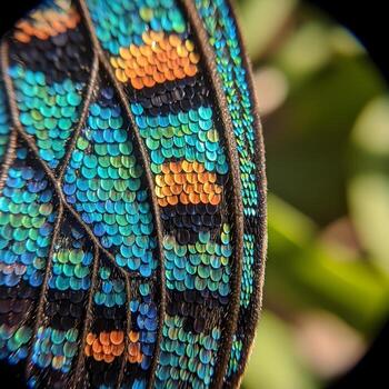 A Mesmerizing Close-Up of Butterfly Scales Revealing Exquisitely Intricate, Iridescent Lepidopteran Wing Patterns Set Against a Soft, Dreamy Natural Blur photo