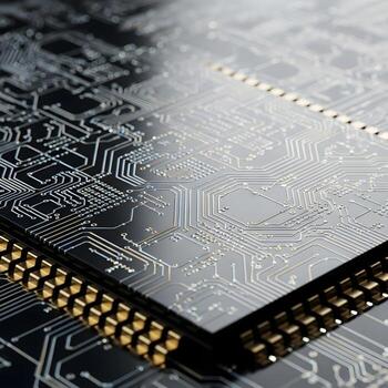 Macro Vision of Reflective Quantum Microchip A Journey into Sleek, Futuristic Metallic Surfaces and Shimmering Circuit Textures of Technological Elegance photo