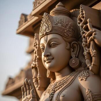 Macro Photograph Showcasing Exquisitely Detailed Vishnu Temple Sculpture Intricate Carvings and Subtle Textures Bathed in Soft Natural Light, Capturing Majestic Heritage photo
