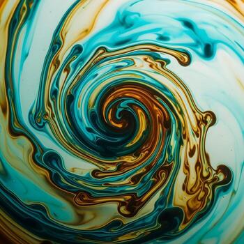 Macro Enchantment A Vivid Swirl of Turquoise and Amber Liquid Gracefully Unfolds Under Soft Natural Radiance, Evoking Timeless Elemental Magic. photo