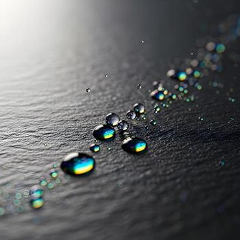 dinámica reflexiones macro capturar de reluciente iridiscente gotas bailando en cinético patrones en texturizado superficies debajo suave ambiente Encendiendo elegancia foto