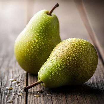 Dew-Kissed Pears in Macro Glory A Rustic Display Merging Upscale Minimalist Aesthetics with Incredibly Vibrant Textural Details and Soft Lighting photo