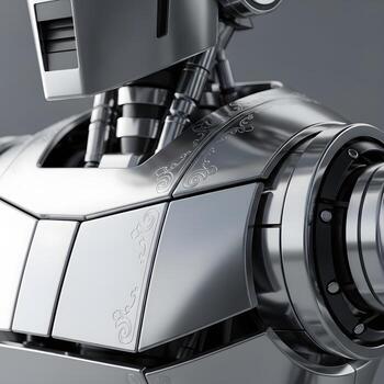 Macro photograph of a futuristic metallic robot showcasing sleek chrome surfaces with intricate engravings and soft shadows in an industrial avant-garde setting photo