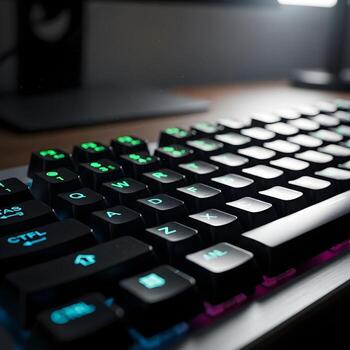 Refined Macro Perspective Vibrant Keystrokes, Tactile Textures, and Subtle Reflections of a Modern Keyboard in a Minimalist Upscale Workspace photo