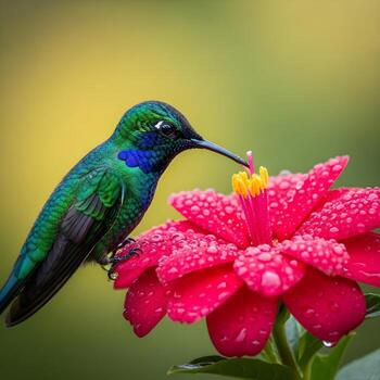 Ultra-Upclose Macro A Radiant Hummingbird Delicately Sipping Nectar from a Dew-Kissed Blossom Amid Soft, Luminous Sunlight, Framed by Ethereal Bokeh photo