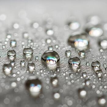 Iridescent Jewels Macro Capture of Ethereal Dewdrops on Silky Surfaces Unveiling a Delicate, Futuristic Luminous Charm in Nature's Everlasting Whisper photo