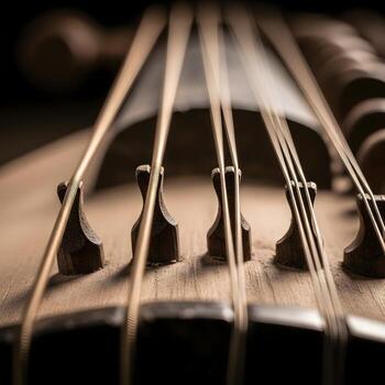 A macro portrayal of the rebab's ancient wooden strings timeless craftsmanship, subtle curves, and soft light textures magnifying delicate artistry. photo