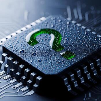 Intricately Detailed Macro Photography of a Dew-Speckled Circuit Component A Digital Query Engraved in Mysterious, Enigmatic Patterns of Modern Innovation photo