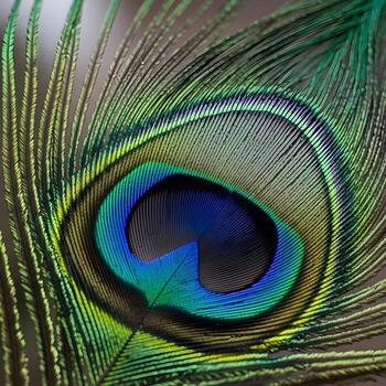 Macro capture of a delicate peacock feather showing shimmering, iridescent patterns and exquisitely detailed textures under soft, gentle lighting gracefully. photo