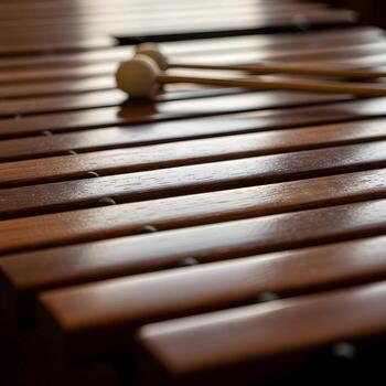 An Intricate Macro Exploration of Exquisitely Polished Xylophone Keys Revealing Vibrant Reflections, Delicate Grain, and Captivating Texture in Soft Ambient Light photo