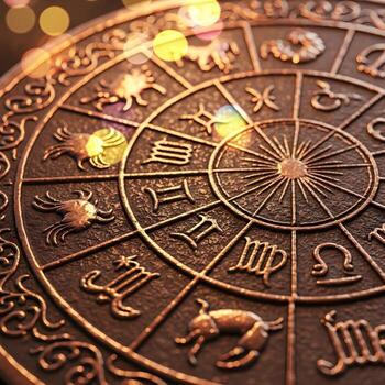 Macro Odyssey of Ornate Zodiac Art A Rustic Copper Carving Revealing Intricate Celestial Textures, Vibrant Reflections, and Blissful Bokeh Dreams photo