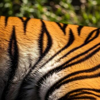 macro Disparo revelador un de tigre intrincadamente detallado pelo, con vívido rayas emergente mediante enfocado Encendiendo en contra un borroso natural fondo. foto