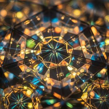 A mesmerizing macro kaleidogram unveils a breathtaking explosion of intricate geometric patterns and radiant reflective surfaces beneath soft ambient illumination. photo
