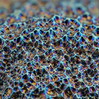 Intricately Detailed Nanotextured Metal Surface A Stunning Close-Up Display of Complex Microscale Patterns and Vibrant Color Variations Under Gentle Ambient Illumination photo