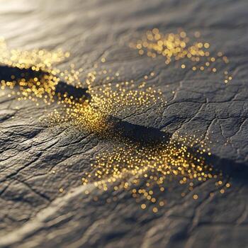 Radiant Macro Elegance A Captivating Array of Shimmering Golden Dust Particles on a Rugged Textured Surface, Emitting Timeless Natural Warmth photo