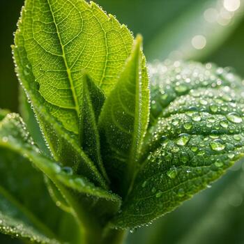 etéreo macro capturar un besado por el rocío hoja con intrincado las venas luminoso gotas brilla debajo suave difundido luz de sol y natural textura foto
