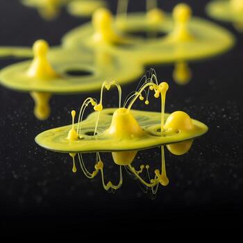 Vivid Radiant Yellow Ink Droplets in Slow Fusion A Macro Visual Journey Through Fluid Dynamics, Exquisite Textures, and Reflective Elegance. photo
