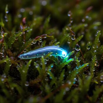 Macro Capture of a Radiant, Bio-luminescent Glowworm nestled on Dew-Kissed Moss Amidst Soft Ambient Lighting Unveils Nature's Enchanted Nighttime Splendor photo