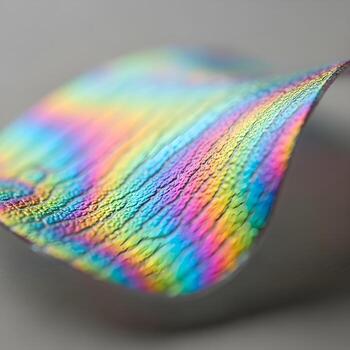 Macro Capture of a Delicate Iridescent Chip Reflecting Rainbow Hues on a Smooth, Textured Surface in Soft Focus Light photo