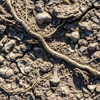 Detailed Macro Capture Xeric Biodynamic Dry Soil Revealing Micro-Fossils, Intricate Organic Patterns, and Subtle Shadow Play Under Soft Natural Light photo