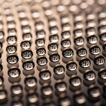 Macro Perspective Glistening Water Droplets in Intricate Geometric Arrangement, Reflecting a Sleek Surface Under the Embrace of Soft Ambient Illumination photo