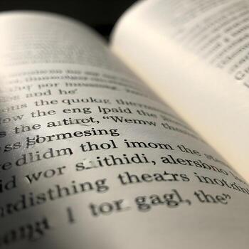Elegant Macro Close-Up of an Open Textbook Showcasing Fine Printed Textures, Subtle Shadows, and the Poetic Beauty of Natural Lighting photo