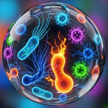 A Vibrant Macro Symphony of Microorganisms Capturing Shimmering Droplets, Dynamic Textures, and Lively Organic Patterns in a Microscopic World. photo