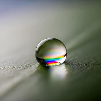 Macro Marvel An Intricate Dew Droplet Refracting a Vivid Spectrum of Colors on a Smooth Surface Under Soft Ambient Light photo