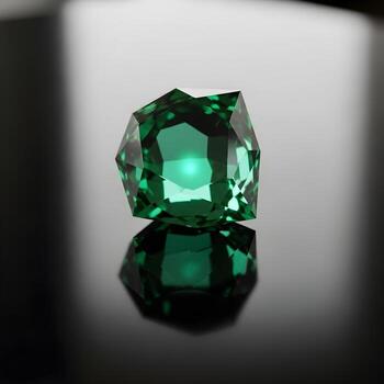 Gleaming Plumbob Elegance A Macro Masterpiece on a Sleek Reflective Surface with Subtle Ambient Lighting, Transforming and Elevating Upscale Artistic Impact photo