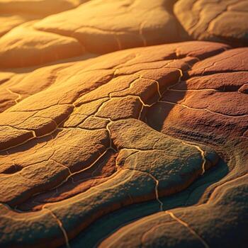 volcánico mosaico un macro textural viaje mediante vibrante inspirado en frescos color transiciones y intrincado fisura patrones bañado en calentar ámbar iluminación foto