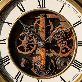Intricate Macro Portrait of an Antique Old World Clock, Showcasing Weathered Gears and Ornate Hands Illuminated by Warm Midday Sunbeams photo