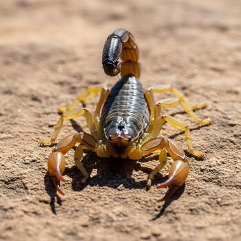A Vivid Macro Encounter Detailed Scorpion Rests on Sunlit, Textured Rock, Showcasing Its Intricate Exoskeleton and Delicate Pincers in Nature photo