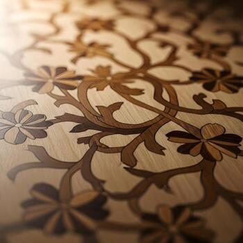 Delicate Macro Perspective of Exquisite Wood Inlays Intricate Textures, Natural Grain Patterns, and Subtle Lighting Reveal Timeless, Masterful Craftsmanship in Detail photo